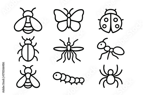 Minimalist insect outline icon collection. Simple bugs line art set including bee, butterfly, ladybug, ant, spider, beetle, and mosquito. Editable stroke vector for web design.
