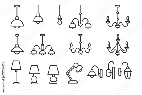 Lamps and chandeliers simple line icons collection, editable stroke vector, isolated lamp illustrations for web, apps, cards, books, home lighting design set