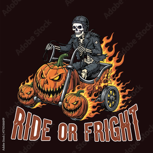 Skeleton biker riding pumpkin tricycle engulfed in flames on dark background halloween tshirt design