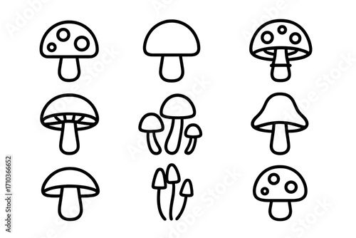Mushroom modern outline vector icons set, cartoon style fungi illustrations for design, apps, social networks, digital graphics, transparent background, ordered collection