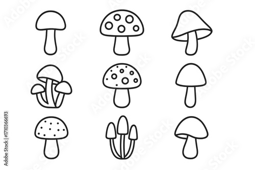 Mushroom related line icons set for web design, books, cards, apps, editable stroke vector cartoon illustrations collection, simple black outline style, nature fungi symbols
