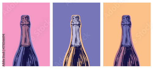 Champagne Bottle Hand Drawing Vector Illustration Alcoholic Drink. Pop Art Style. Party