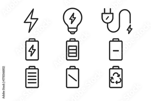 Set of minimalistic linear battery and energy icons. Editable stroke electric power, charging, discharging, plug, recycling symbols. Vector energy concept for apps, UI, tech design elements.