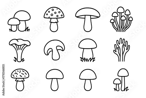 Simple line art mushroom icons collection. Editable stroke vector set of cartoon fungi illustrations for web design, books, cards, and app projects with transparent background