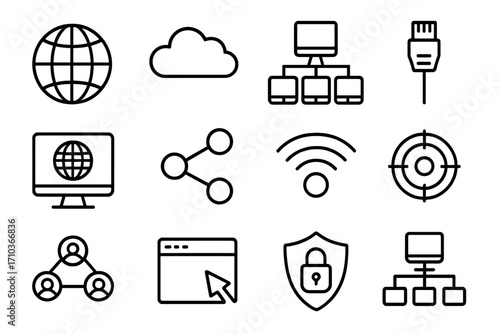 Pack of network and internet line icons. Outline vector symbols for graphic design, web apps, advertising, technology, cloud, security, wireless, sharing, computer, and user connection concepts.