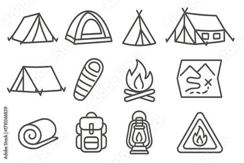 Pack of tent and camping related line icons, outline signs for graphic and web design, apps, adverts, various cards, outdoor adventure symbols, vector cartoon illustration with transparent background