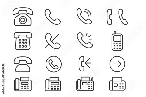 Phone and fax icon set thin line style collection for web, apps, cards, and books, editable stroke vector cartoon illustration transparent background communication symbols
