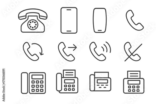 Phone and fax outline icons collection, simple linear design, editable stroke, versatile vector illustration for websites, apps, cards, communication symbols, modern telecommunication visuals