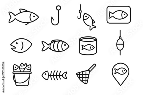 Set of Fish Icons Line Art. Fishing Hooks, Fish Skeleton, Fishing Net, Bucket of Fish, Fish Tank, Fishing Float, Location Pin with Fish. Vector Outline for Web, Apps, Adverts, Cards