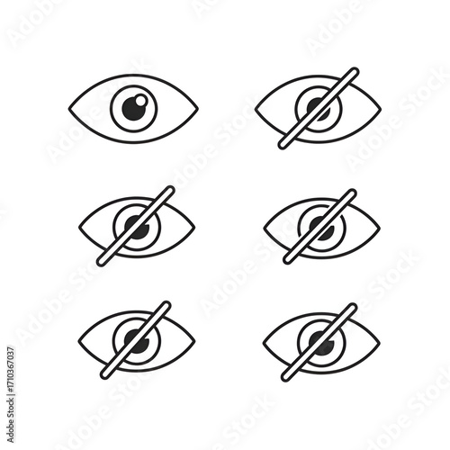 Collection of eye icons, some crossed out, representing visibility and privacy, isolated on white background