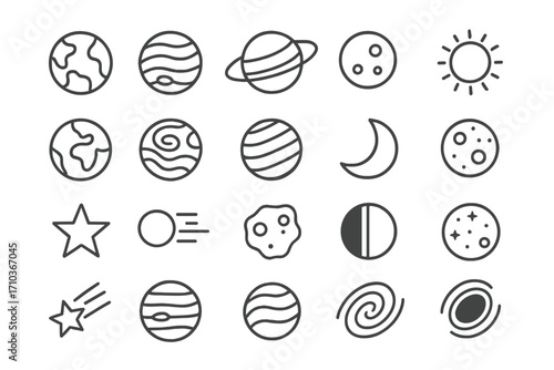 Set of thin line icons of planets and celestial bodies with editable stroke, cartoon vector illustration for websites, books, cards, apps, space design, astronomy symbols, cosmic elements