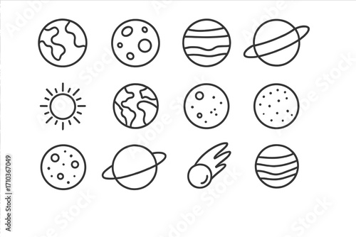 Set of thin line icons of planets and celestial bodies, editable stroke vector cartoon illustration for web, books, cards, apps, astronomy graphics, space elements