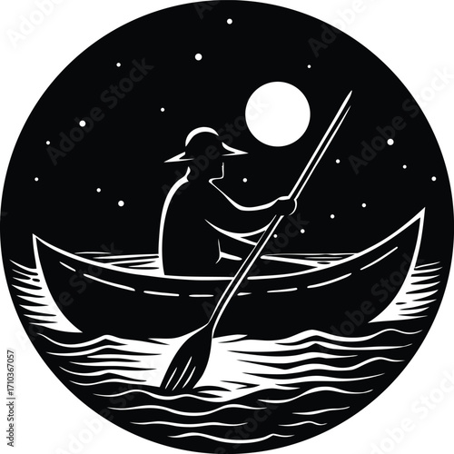 Fisherman in a small fishing boat silhouette illustration on the sea