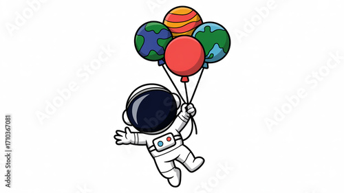 An astronaut cartoon character floats while holding planet balloons isolated on white background it is a whimsical and imaginative illustration
