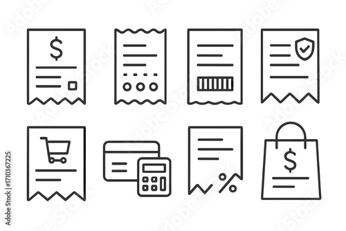 Store receipt line icon pack, editable stroke vector set, minimalistic linear pictograms for ecommerce, shopping, payment, finance app design, cards, banners, and posts, transparent background