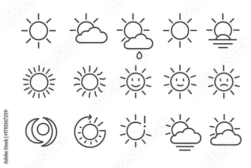 Sun icons set as symbols of nature and weather, thin editable stroke vector design for web, apps, books, cards, cartoon illustration with transparent background, meteorology collection