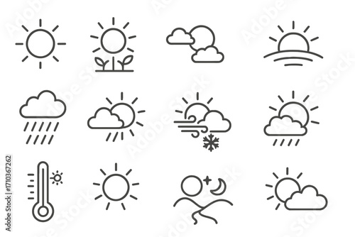 Sun as symbol of nature and weather icons pack, editable thin stroke vector illustrations, ideal for websites, apps, books, cards, sunny and cloudy weather, temperature and seasons