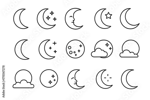 Crescent moon icons set, night sky symbols with stars and clouds, simple line vector collection, editable stroke, celestial phases, mystic lunar designs for web, apps, and prints