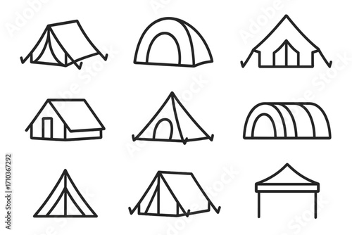 Tent line icon bundle set featuring various tent styles outlines for graphic design, web, apps, adverts, cards, camping symbols, outdoor adventure icons, vector illustration