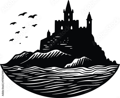 Black vector silhouette of a cargo ship sailing on the sea with a city skyline in the background, a perfect illustration for transportation and travel