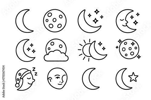 Moon and crescent icon set with stars, moon phases, sleeping moon, sun and moon combination, cloud and moon, facial moon design, editable stroke vector cartoon illustration for web, apps, cards, books