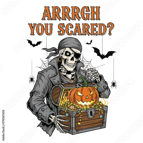 A pirate skeleton with a treasure chest and a carved gourd looking menacing halloween tshirt design
