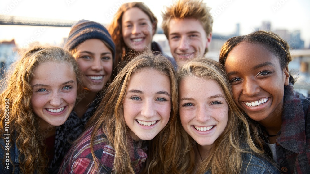 Obraz premium A group of smiling teenagers standing outdoors with a city skyline in the background.