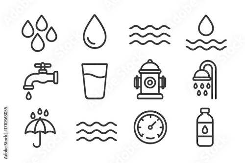 Water icon set for UI design, placards, books, apps, editable stroke vector illustration, cartoon style, transparent background, suitable for websites, cards, digital media