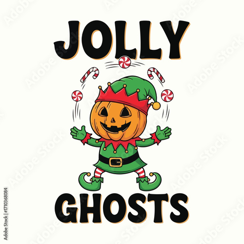 A pumpkin character dressed as an elf juggling candy with jolly ghosts text halloween tshirt design