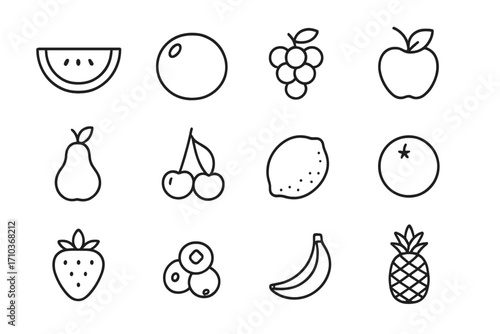 Watermelon coconut grape and assorted fruit line icon set, minimalistic editable stroke linear pictograms for card design, app UI, banners, social media posts, vector