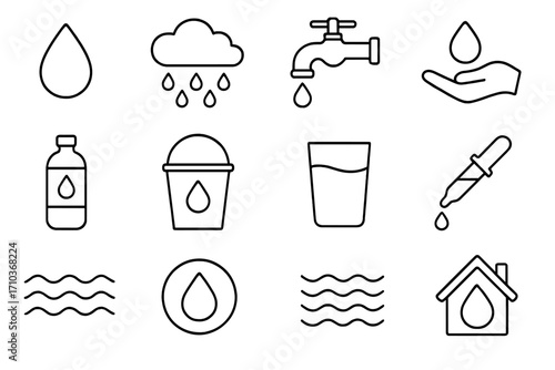 Water icon set thin line style, editable stroke vector collection for websites, books, cards, apps, cartoon style illustration with transparent background, organized design kit
