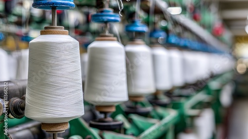 Industrial textile yarn spools in a row on a factory machine
