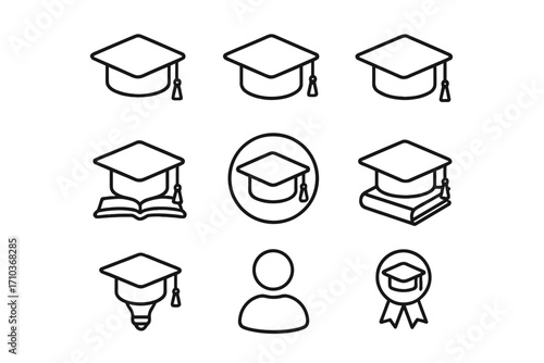 Graduation cap line icon set. Education and learning vector symbols. Academic mortarboard, university degree, school knowledge concept. Student achievement outline icons for web.