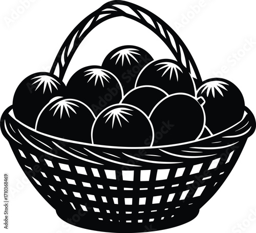 A fresh wicker basket full of healthy spring fruits and colorful Easter eggs