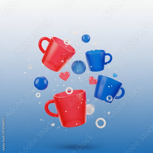 Four 3d rendered cups, two red and two blue, floating with hearts and spheres on a blue gradient background