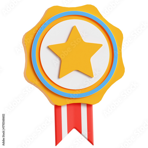 A golden star award ribbon with blue and white circular border, representing success, achievement, and recognition in a 3D illustration