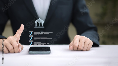 Businessman Touching Digital Government Building with Checklist