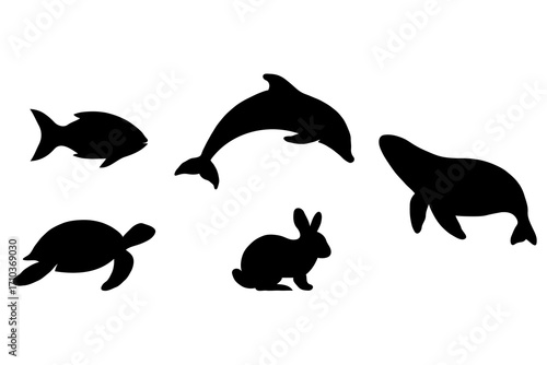 Vector set of black animal silhouettes, including fish, dolphin, whale, sea turtle, and rabbit. Minimal, versatile icons perfect for nature themes, wildlife projects, and creative designs.