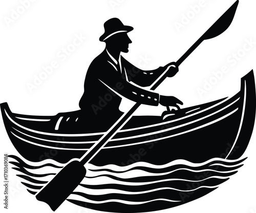 Fisherman in a canoe silhouette vector illustration