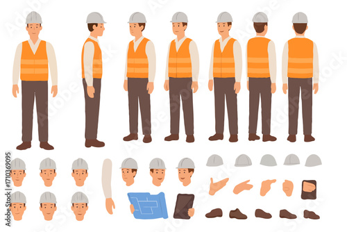 Vector character set of a construction worker in hard hat and safety vest, shown in multiple views with interchangeable body parts, poses, and tools like blueprints, helmets, hands, and shoes.