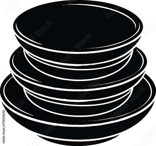 Clean stacked black and white plates and cups are isolated objects
