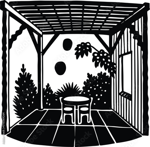 Black and white flowers decorate the window of a house, framed by a delicate silhouette of nature