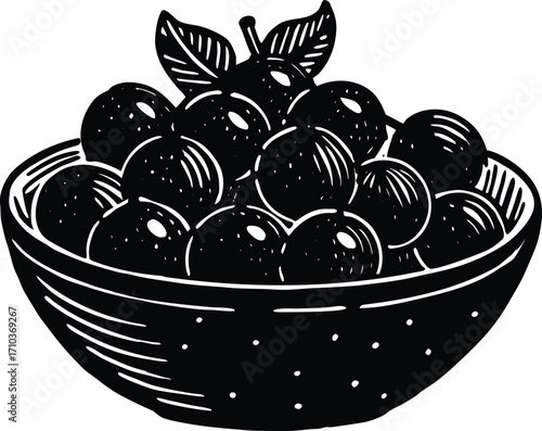 A colorful vector illustration of a bowl of fresh, organic fruits like apples, grapes, and cherries