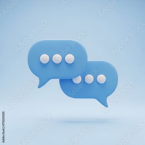 Two blue chat bubble icons with white dots, symbolizing conversation and communication, isolated on a light blue background