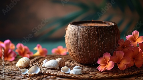 Warm Brown Coconut Drink with Orange Flowers and Shells on Rustic Mat