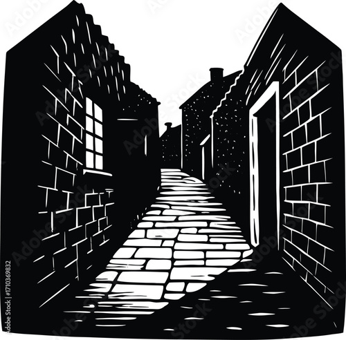 An urban architectural design of old black and white houses and buildings