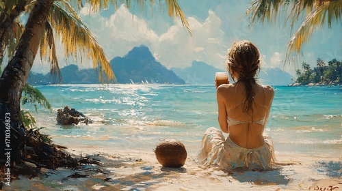 Woman In White Dress Relaxing On Tropical Beach Under Palm Trees