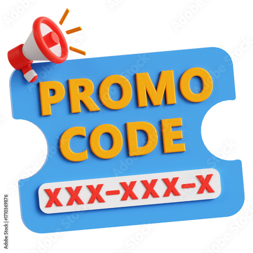 Isolated 3D graphic of a blue discount voucher with a promo code and a megaphone announcing a special deal for retail and e-commerce