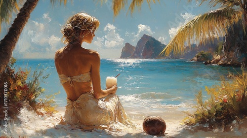 Woman Relaxing On A Tropical Beach With A Cocktail Drink.png