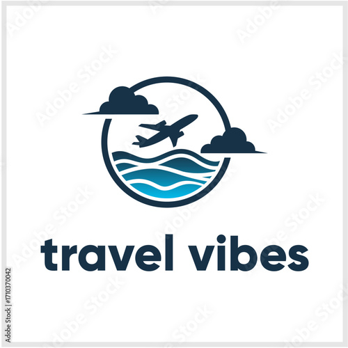 Travel Vibes Logo Airplane over Ocean Waves, Clouds